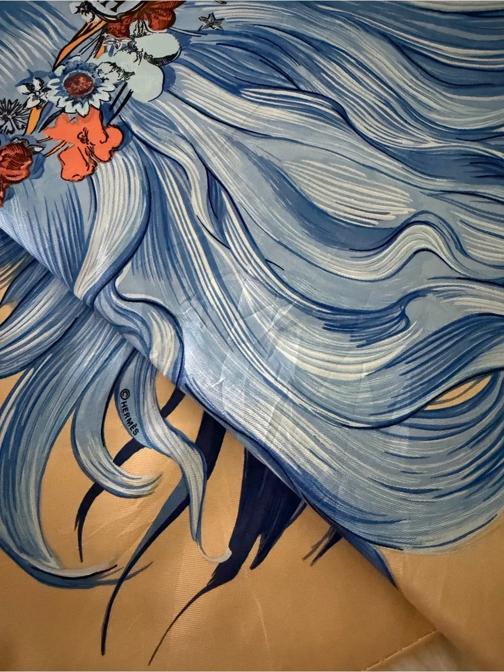 Hermès Eva Blue Floral Goddess Silk Scarf.